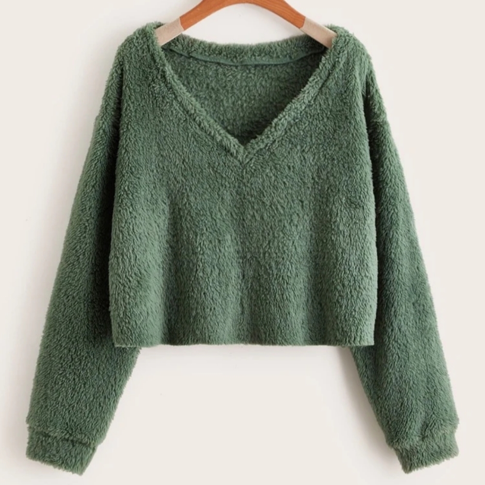 Emerald Green V Neck Teddy Sweatshirt - Picture 1 of 4